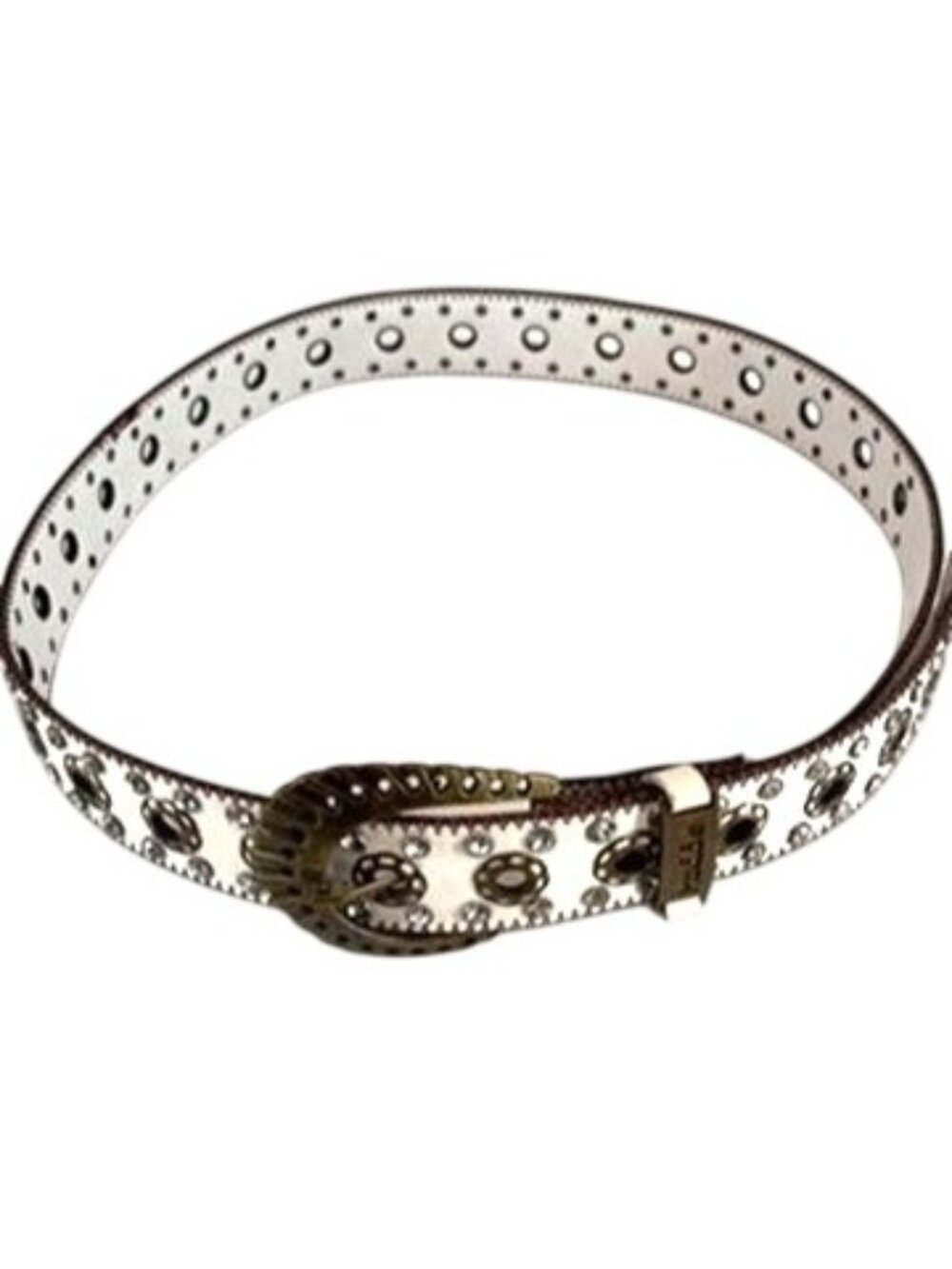Mudd "Wide White Leather Belt" dark metal ornate buckle large eyelets